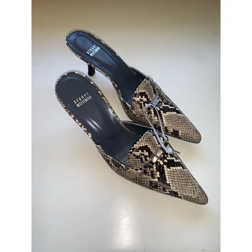 NWOT Stuart Weitzman 9.5M Snakeskin Pointy Toe Open Heel Slip On Heels 4007979